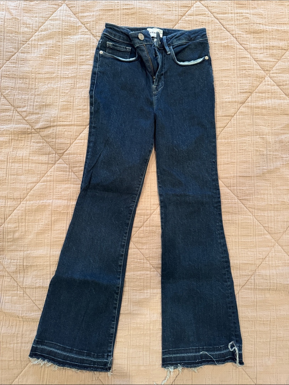 Frame Le One Crop Mini Boot Denim Dark Blue Flare Jeans with Raw Hem